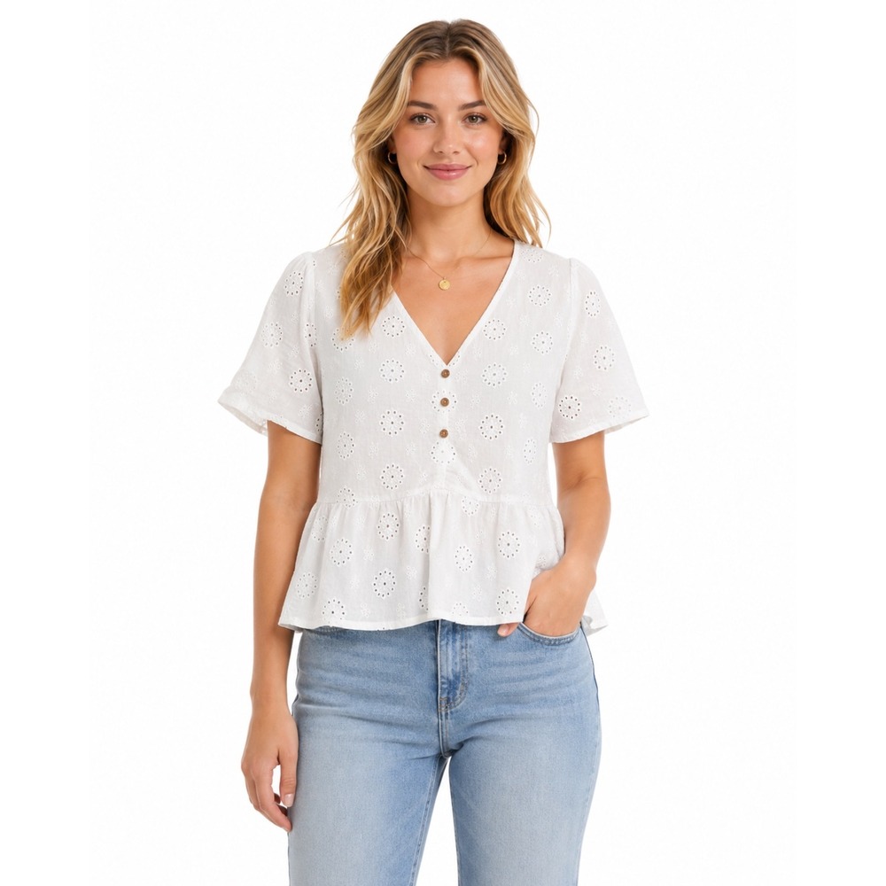 Urban Romantics Peplum Blouse Women L Eyelet White Cotton Cottage Romantic
